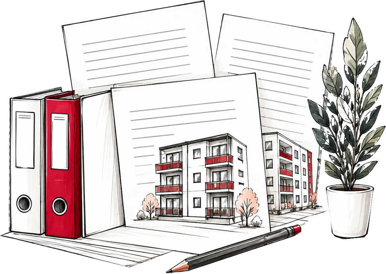Illustration von Verwaltungsunterlagen, Ordnern und Gebäudedokumenten für die Immobilienverwaltung.