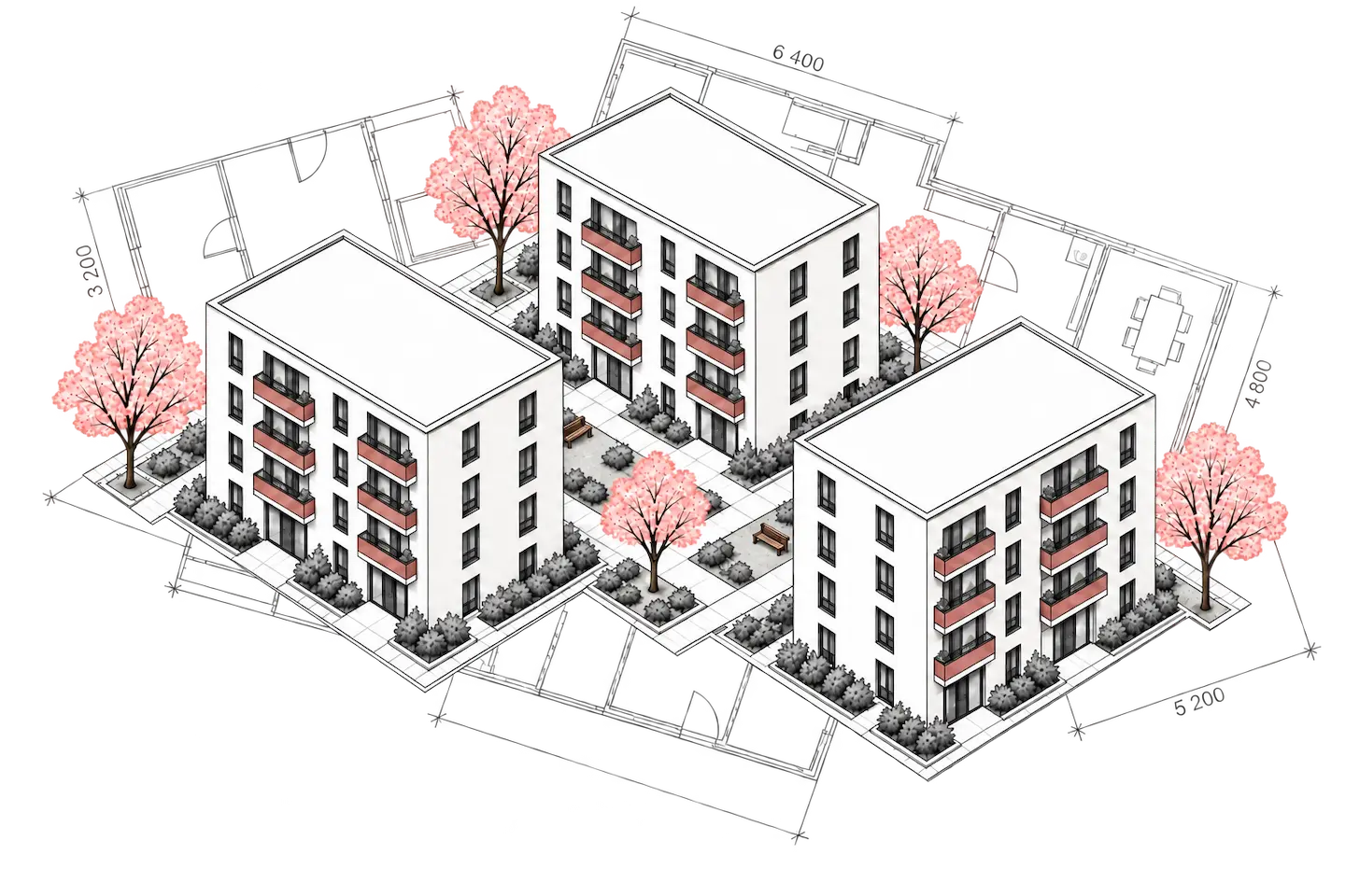 Illustration einer modernen Wohnanlage mit drei Mehrfamilienhäusern vor einem architektonischen Grundriss.